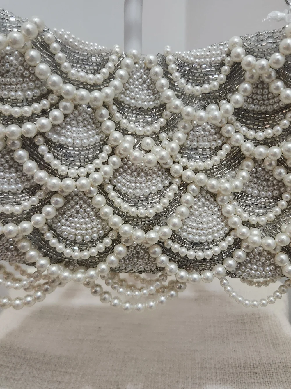 Pearl-Embellished White Beaded Shoulder Bag